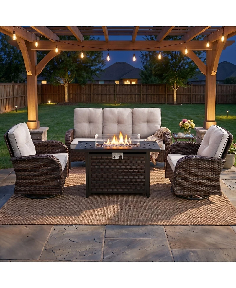 Pocassy Patio Furniture Set with Fire Pit Table, Wicker Outdoor Sectional Sofa Swivel Rocker Chairs, All-Weather Rattan Conversation