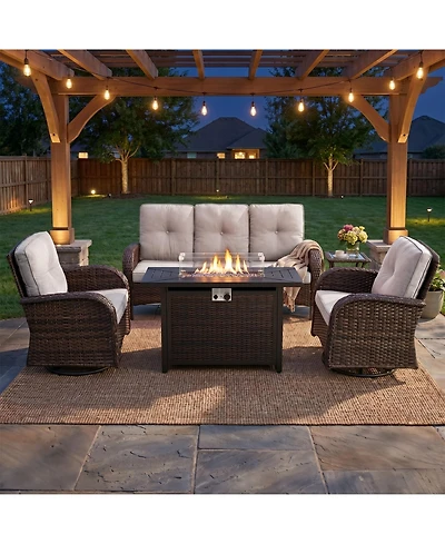 Pocassy Patio Furniture Set with Fire Pit Table, Wicker Outdoor Sectional Sofa Swivel Rocker Chairs, All-Weather Rattan Conversation