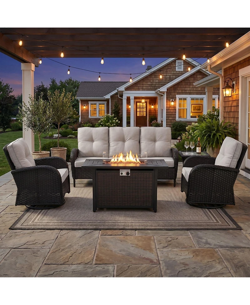 Pocassy Patio Furniture Set with Fire Pit Table, Wicker Outdoor Sectional Sofa Swivel Rocker Chairs, All-Weather Rattan Conversation