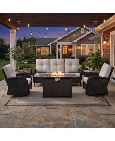 Pocassy Patio Furniture Set with Fire Pit Table, Wicker Outdoor Sectional Sofa Swivel Rocker Chairs, All-Weather Rattan Conversation