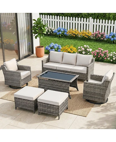 Pocassy 6 Pieces Patio Furniture Set, Outdoor Couch with Swivel Rocking Chair, Thick Cushion