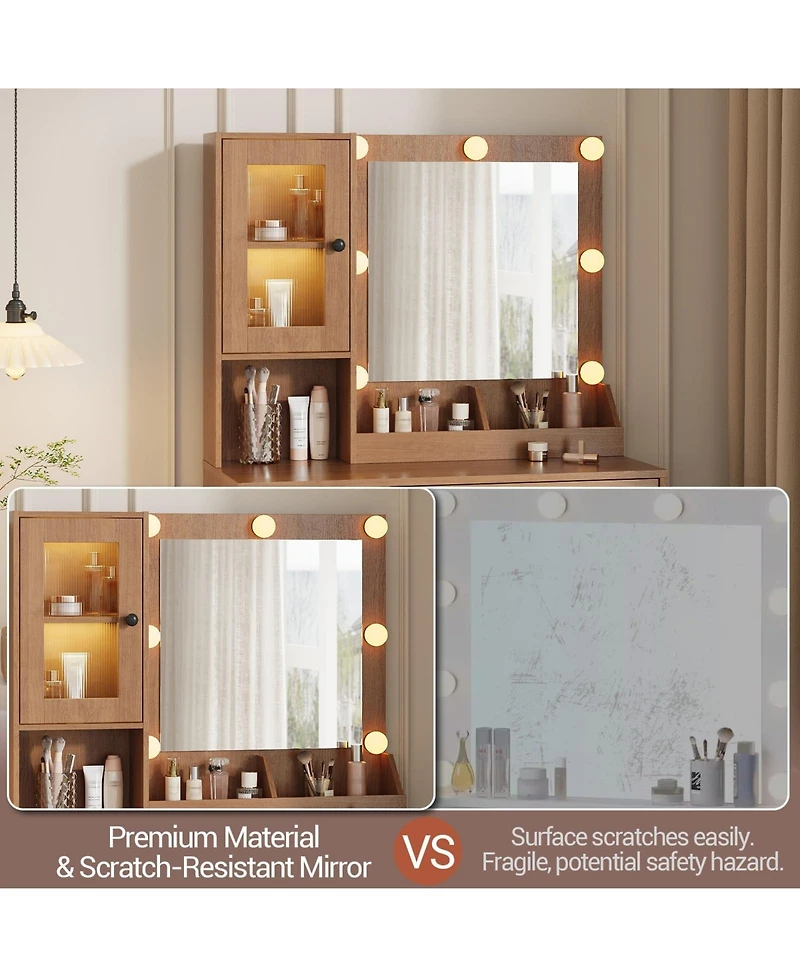homfan Vanity Desk With Mirror Lights Dressing Table Adjustable Bulbs Outlets and Usb Ports Mdf Top Metal Leg Storage Drawers & Cabinets