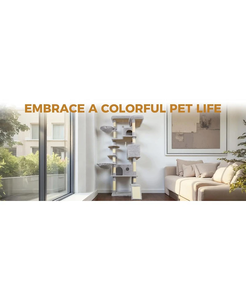 Streamdale Furniture 84.6" Multi-Level Cat Tree Tower with Condos, Scratching Posts, and Hammocks