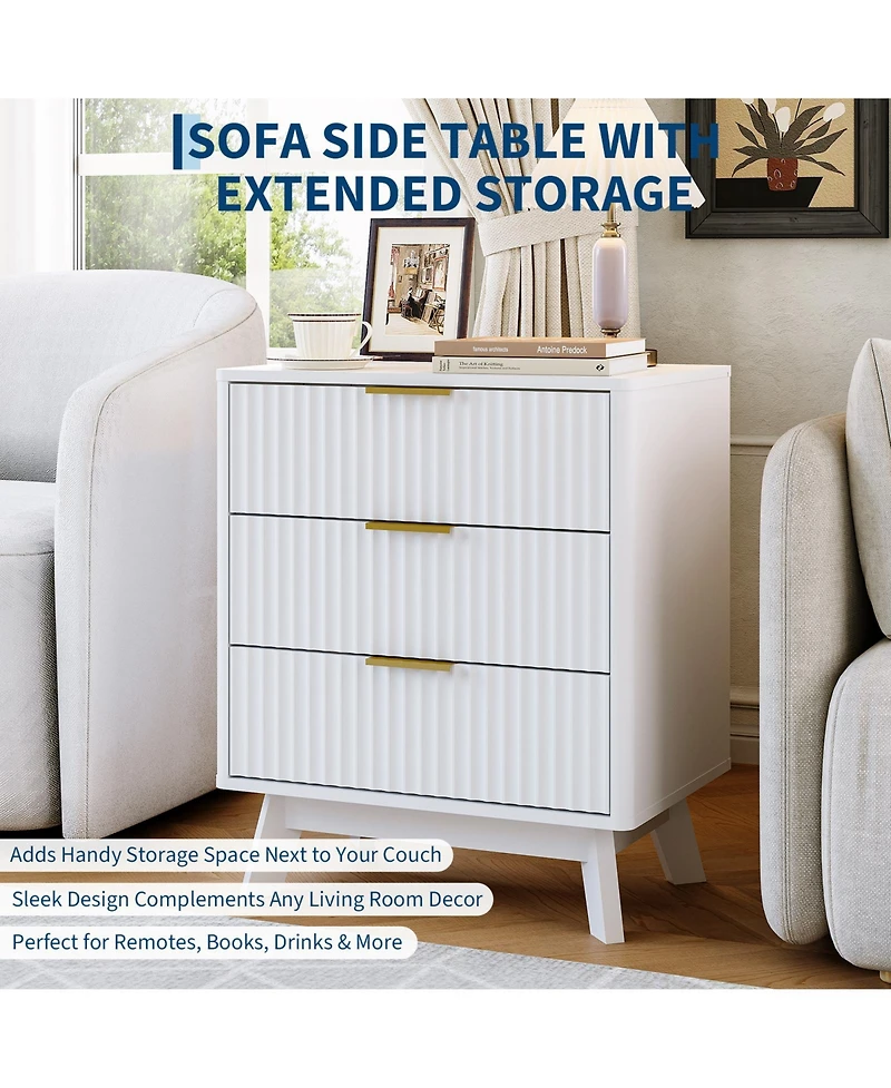 homfan 3-Drawer Fluted Nightstand with Metal Handles, Bedside Table and End Table for Bedroom and Living Room