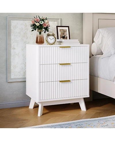 homfan 3-Drawer Fluted Nightstand with Metal Handles, Bedside Table and End Table for Bedroom and Living Room