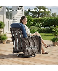 Pocassy Patio Furniture Set Wicker Conversation Rocking Bistro with Sofa, Coffee Table, Tempered Glass Side Table and Ottoman