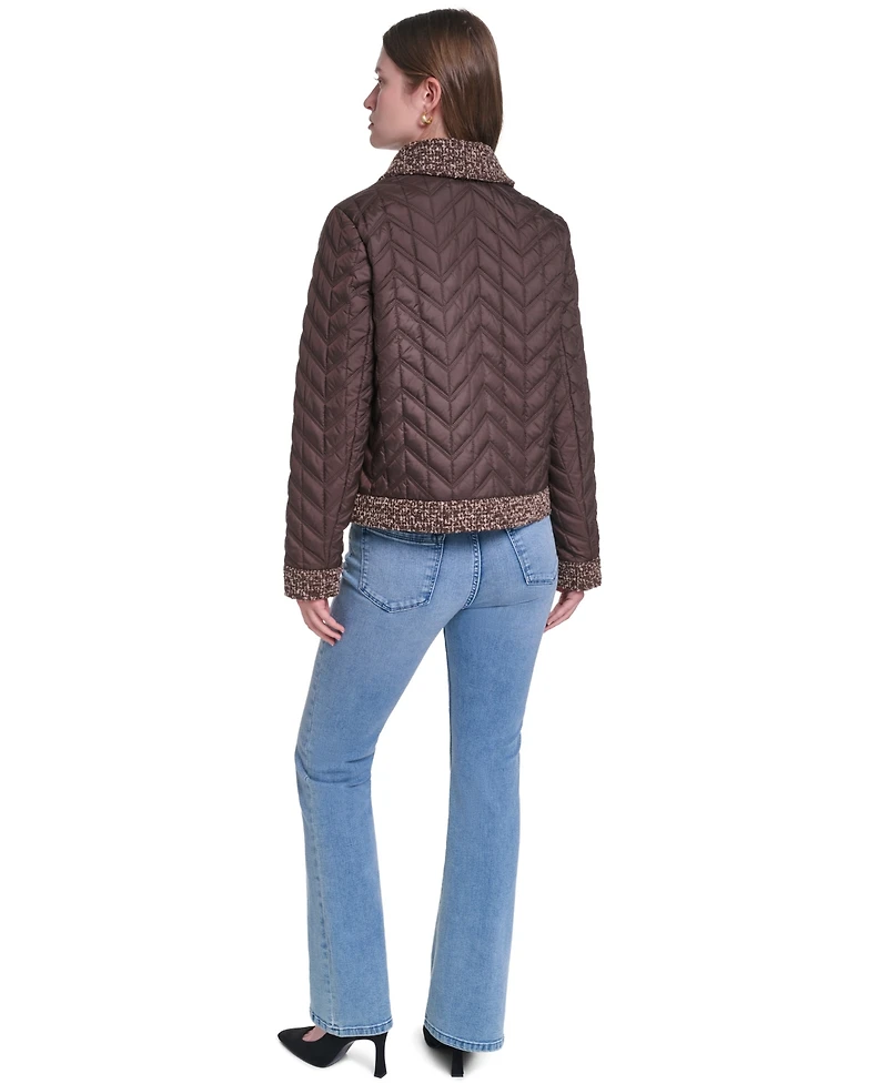 Karl Lagerfeld Paris Women's Quilted Tweed-Trim Coat