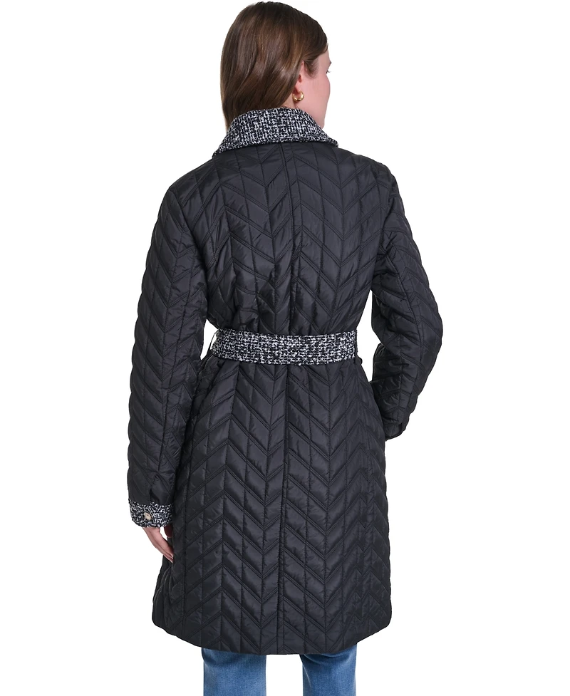 Karl Lagerfeld Paris Womens Long Quilted Tweed-Trim Coat