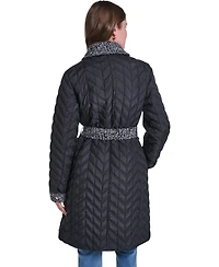 Karl Lagerfeld Paris Womens Long Quilted Tweed-Trim Coat