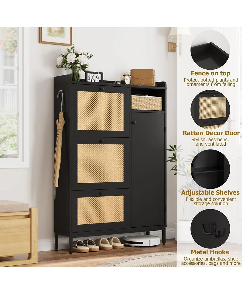 homfan 35'' Rattan Shoe Cabinet with 3 Flip Drawers, Entryway Storage Cabinet, Freestanding Organizer Narrow Rack