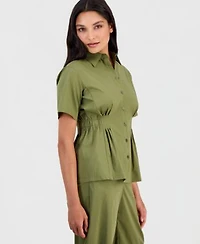 Anne Klein Womens Side Pleat Button Front Shirt Pull On Barrel Leg Ankle Pants