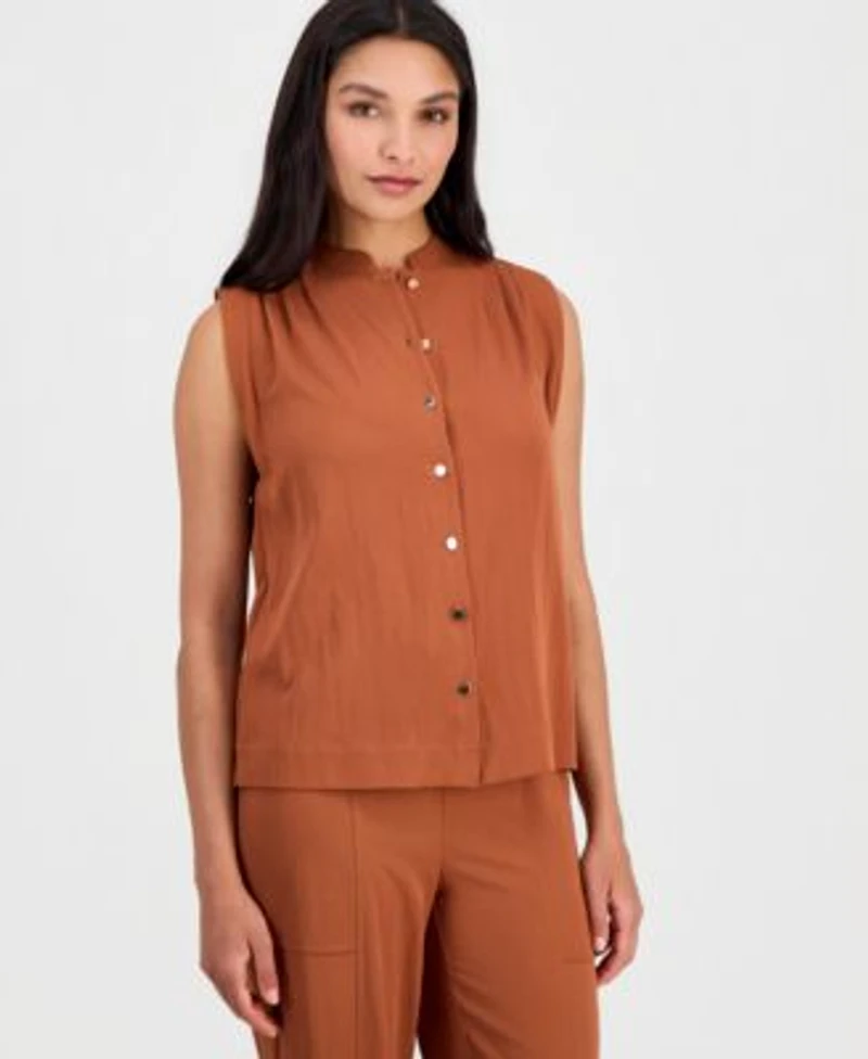 Anne Klein Womens Button Front Sleeveless Top Tie Waist Straight Leg Ankle Pants