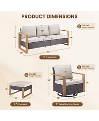 pocassy 5Pieces Patio Furniture Set, Outdoor Wicker Sofa Couch with Metal Armrest, Swivel Rocking Chairs, Ottomans