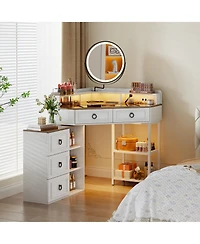 Vlsrka Corner Vanity Desk with Rotating Mirror and Lights