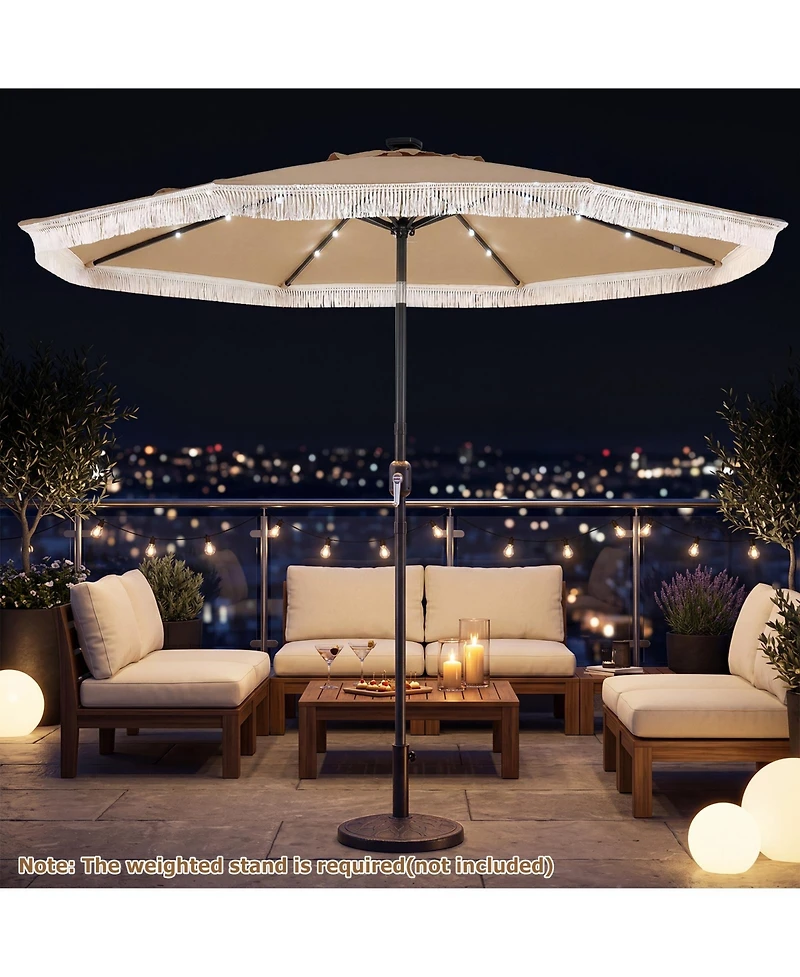 Gymax 9FT Solar Patio Umbrella w/24 Led Lights Fringe Push Button Tilt Crank Handle