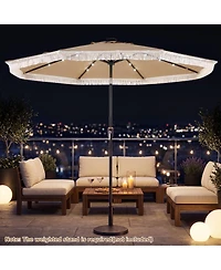 Gymax 9FT Solar Patio Umbrella w/24 Led Lights Fringe Push Button Tilt Crank Handle