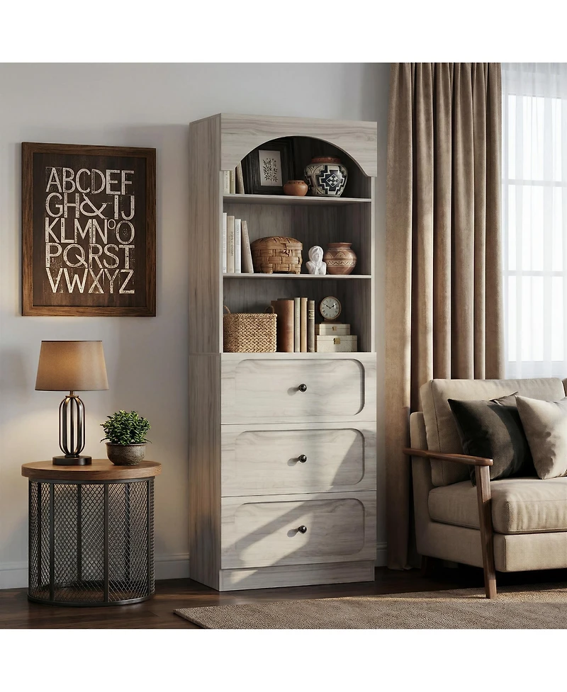 Aheaplus Wooden Pantry Storage Cabinets with 3-Tier Open Shelves, 80" Tall Bookshelf with 3 Drawers