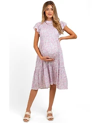 Pinkblush Maternity Pink Floral Mock Neck Smocked Ruffe Sleeve Midi Dress