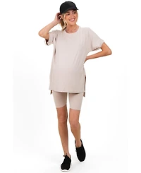 Pinkblush Maternity Sand Beige Hi-Low Short Sleeve Tee Biker Set