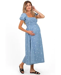 Pinkblush Maternity Chambray Embroidered Smocked Midi Dress
