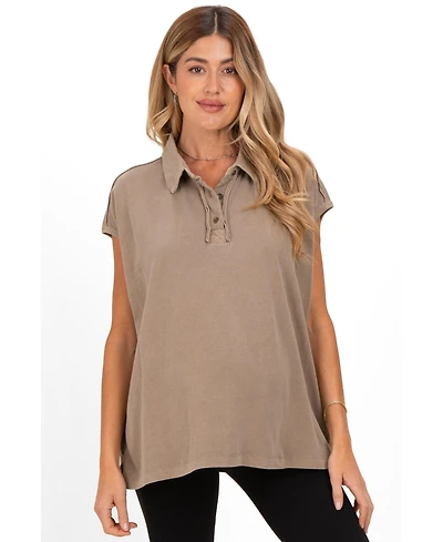 Pinkblush Maternity Mocha Pigment Dye Sleeveless Polo Oversized Top
