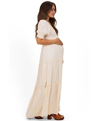 Pinkblush Maternity Cream V-Neck Smocked Tiered Maxi Dresses