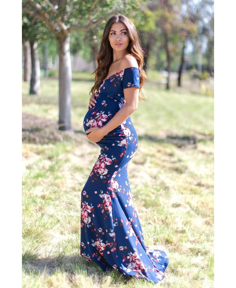 Pinkblush Maternity Navy Floral Off Shoulder Wrap Photoshoot Gown/Dress