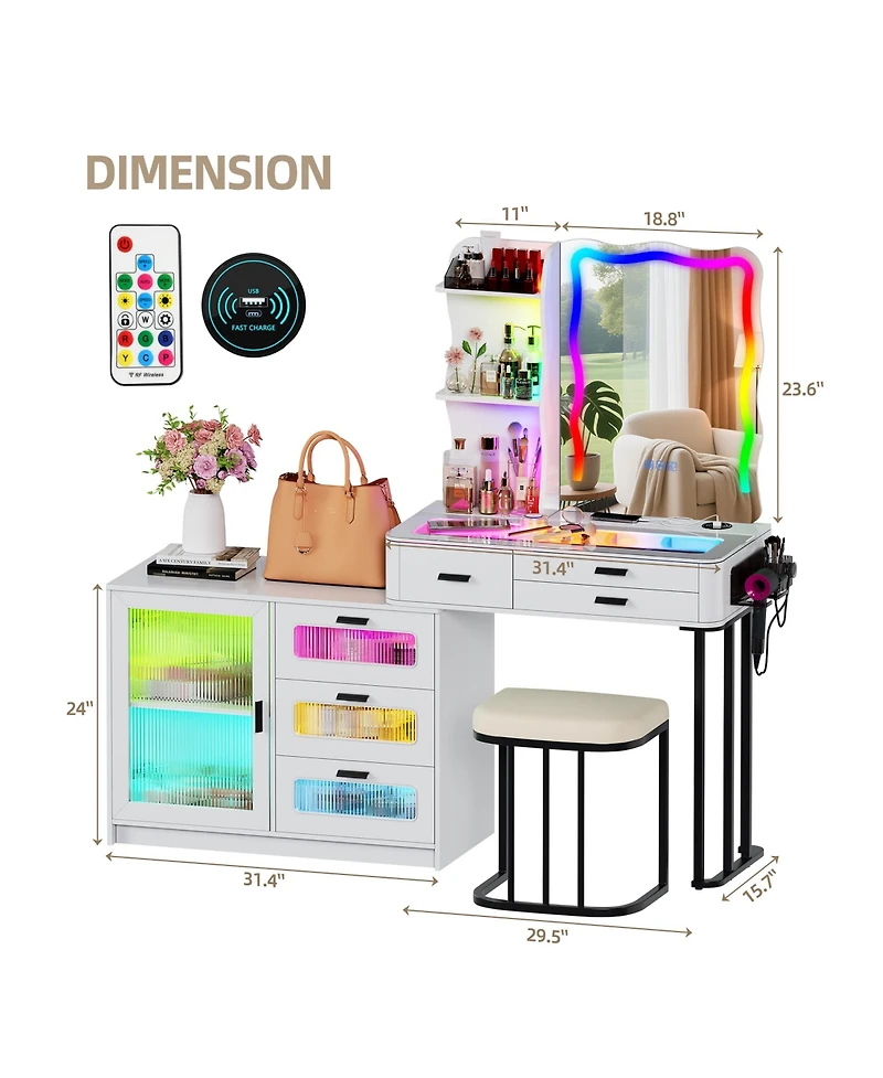 Vlsrka Lvifur Rgb Makeup Vanity Desk with Lights, Glass Top Table