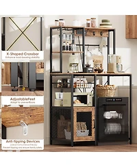Kitchen Bakers Rack with Refrigerator Storage Space, Industrial Microwave Stand with Power Outlet, Freestanding Kitchen Shelf for Pantry