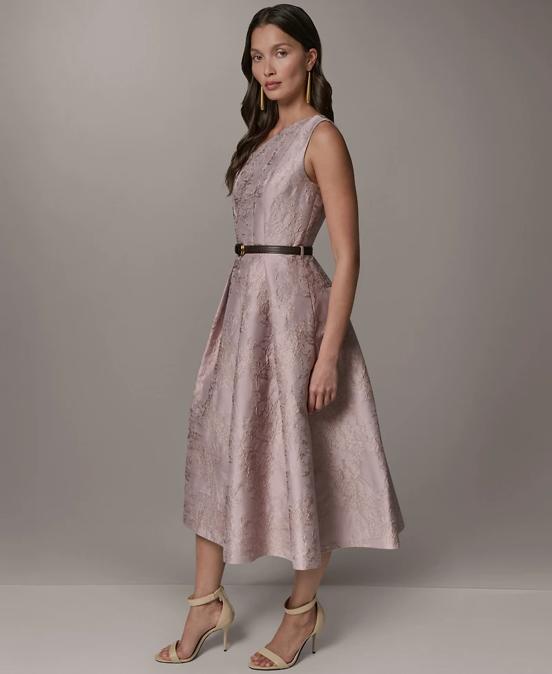 Donna Karan New York Women's Jacquard Asymmetrical Neck Fit & Flare Dress with Belt