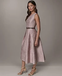 Donna Karan New York Women's Jacquard Asymmetrical Neck Fit & Flare Dress with Belt