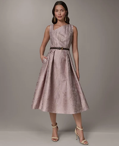 Donna Karan New York Women's Jacquard Asymmetrical Neck Fit & Flare Dress with Belt