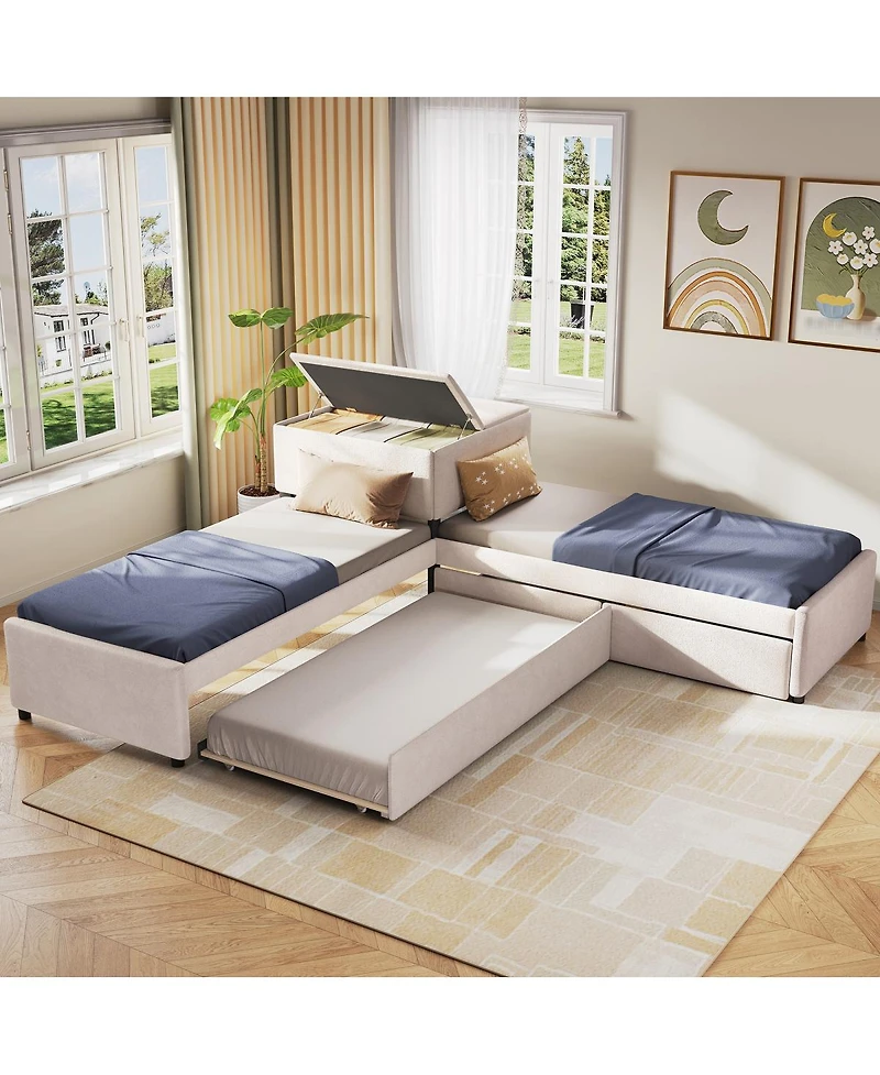 Streamdale Furniture L-Shaped Upholstered Twin Platform Bed with Trundle, Drawers, and Desk