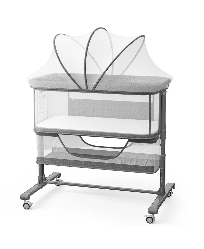Kinder King Baby 3-in-1 Bassinet Bedside Sleeper with Adjustable Height, Mosquito Net and Wheels