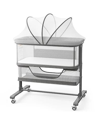 Kinder King Baby 3-in-1 Bassinet Bedside Sleeper with Adjustable Height, Mosquito Net and Wheels
