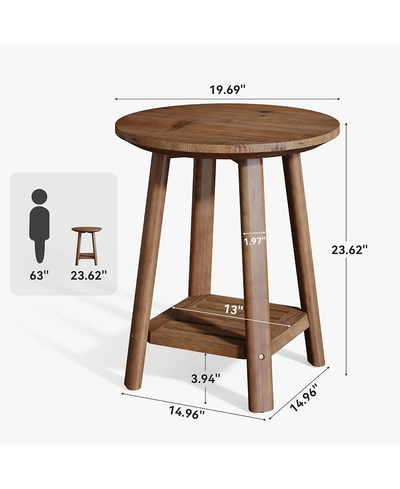 Tribesigns Solid Wood Round Side Table, 2-Tier Small End Table with Storage Shelf