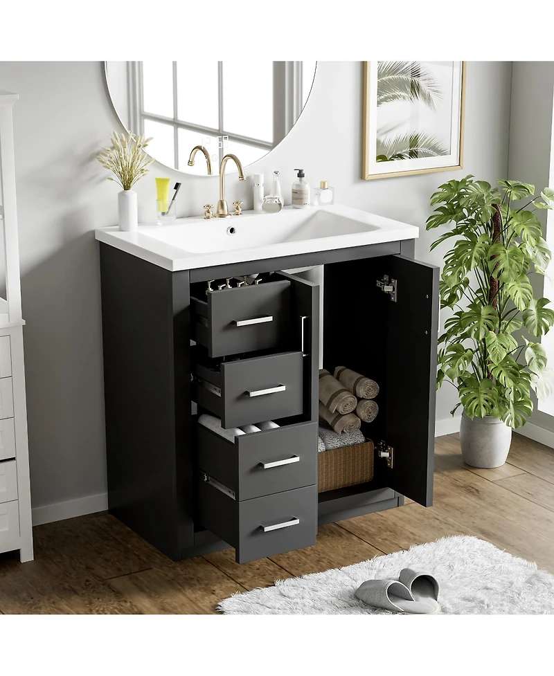 Phying 30Inch Bathroom Vanity with Ceramic Sink Combo Solid Wood Frame Bathroom Storage Cabinet Set with 3 Drawers and Soft Closing Doors