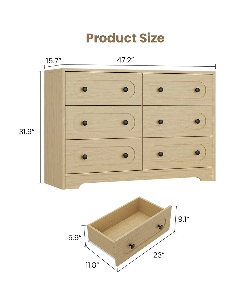 homfan 6-Drawer Dresser with Deep Drawers and Metal Knobs, Mid Century Modern Chest for Bedroom Living Room Entryway