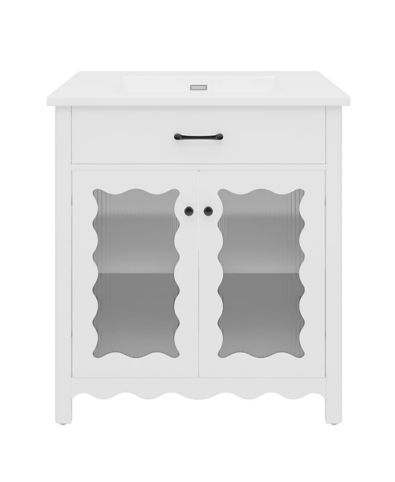 Phying 30 Inch Small Bathroom Friendly Vanity Modern Tempered Glass Cabinet with Rubber Wood Legs and Soft Close Storage Doors