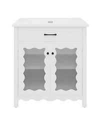 Phying 30 Inch Small Bathroom Friendly Vanity Modern Tempered Glass Cabinet with Rubber Wood Legs and Soft Close Storage Doors