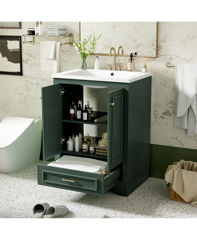 Phying 24 Inch Bathroom Vanity with Ceramic Sink Combo Modern Freestanding Storage Cabinet for Home Small Bathroom Decoration