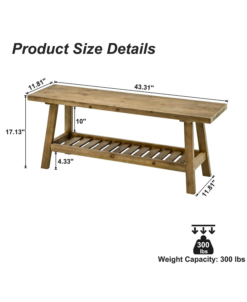 Streamdale Furniture 43" Farmhouse Wood Bench, 2-Tier Entryway Storage (Distressed Wood)
