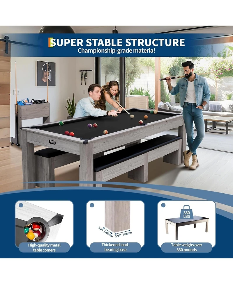 Xo 7FT 3-in-1 Pool Table Dining Combo, Convertible Billiard Table with Ping Pong Top and Accessories, Space-Saving Game Table