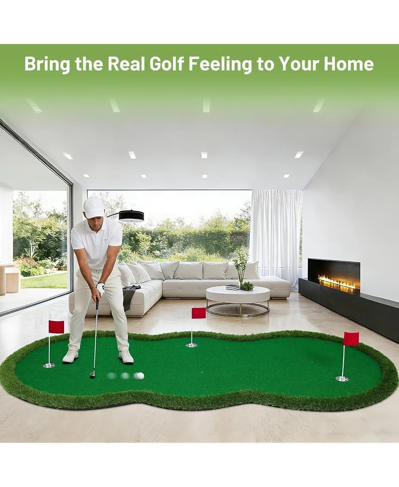 Xo Golf Putting, Thick Turf Practice Mat with 3 Holes and Flags for Indoor Outdoor Home Office Training