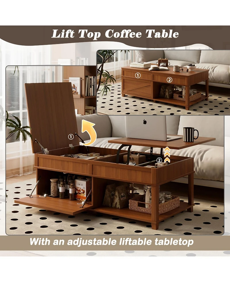 Rainsken Lift-Top Coffee Table, with Hidden Compartment, Open Shelf, and Adjustable Desktop, for Living Room Office
