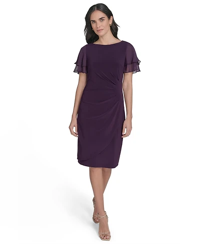 Jessica Howard Petite Flutter-Sleeve Tuck Faux Wrap Sheath Dress
