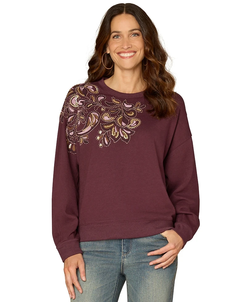 Democracy Plus Long-Sleeve Crewneck Beaded Sweatshirt