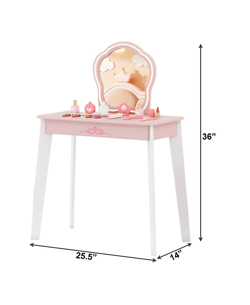 Slickblue Wooden Kids Pretend Hair Salon Set with Led Lighted Mirror and Tools