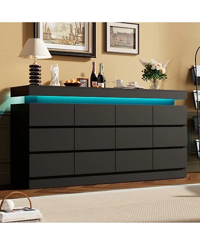 homfan 63" 12-Drawer Dresser with Led Light and Charging Station, Storage Chest for Bedroom Living Room
