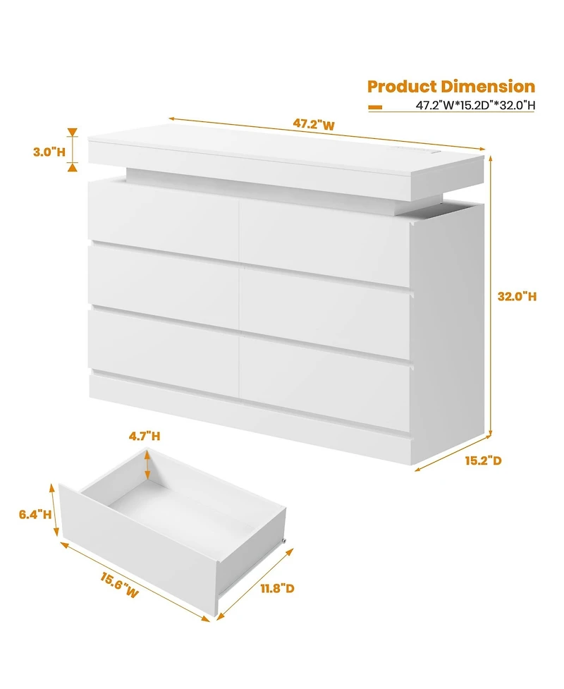 homfan 47" 6-Drawer Dresser with Led Light and Charging Station, Storage Chest for Bedroom and Living Room